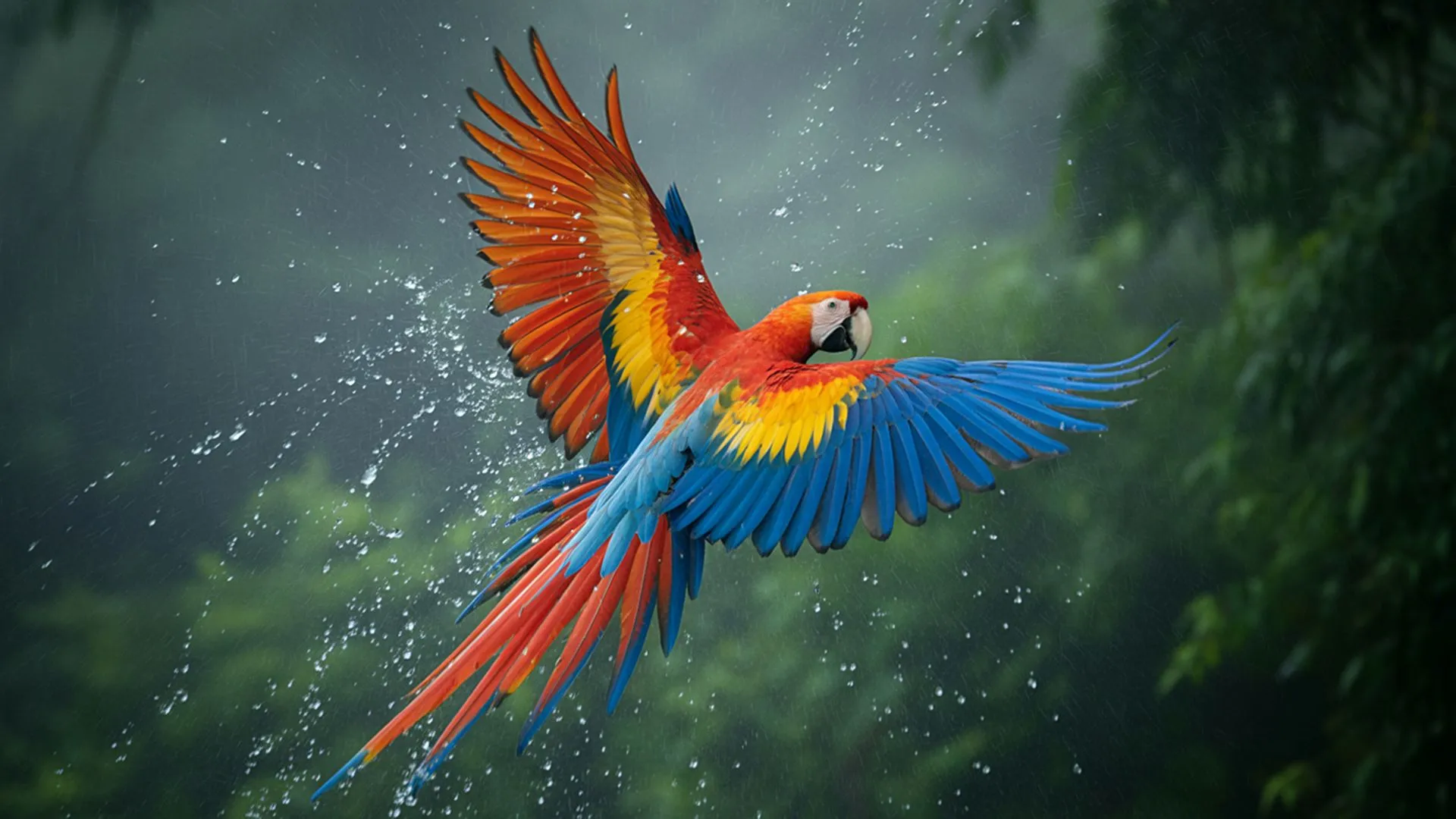 A vibrant Scarlet Macaw in mid-flight through a tropical rainforest, with water droplets splashing off its wings. This image represents the Squawk Global mission to protect wild parrot populations and their natural ecosystems.