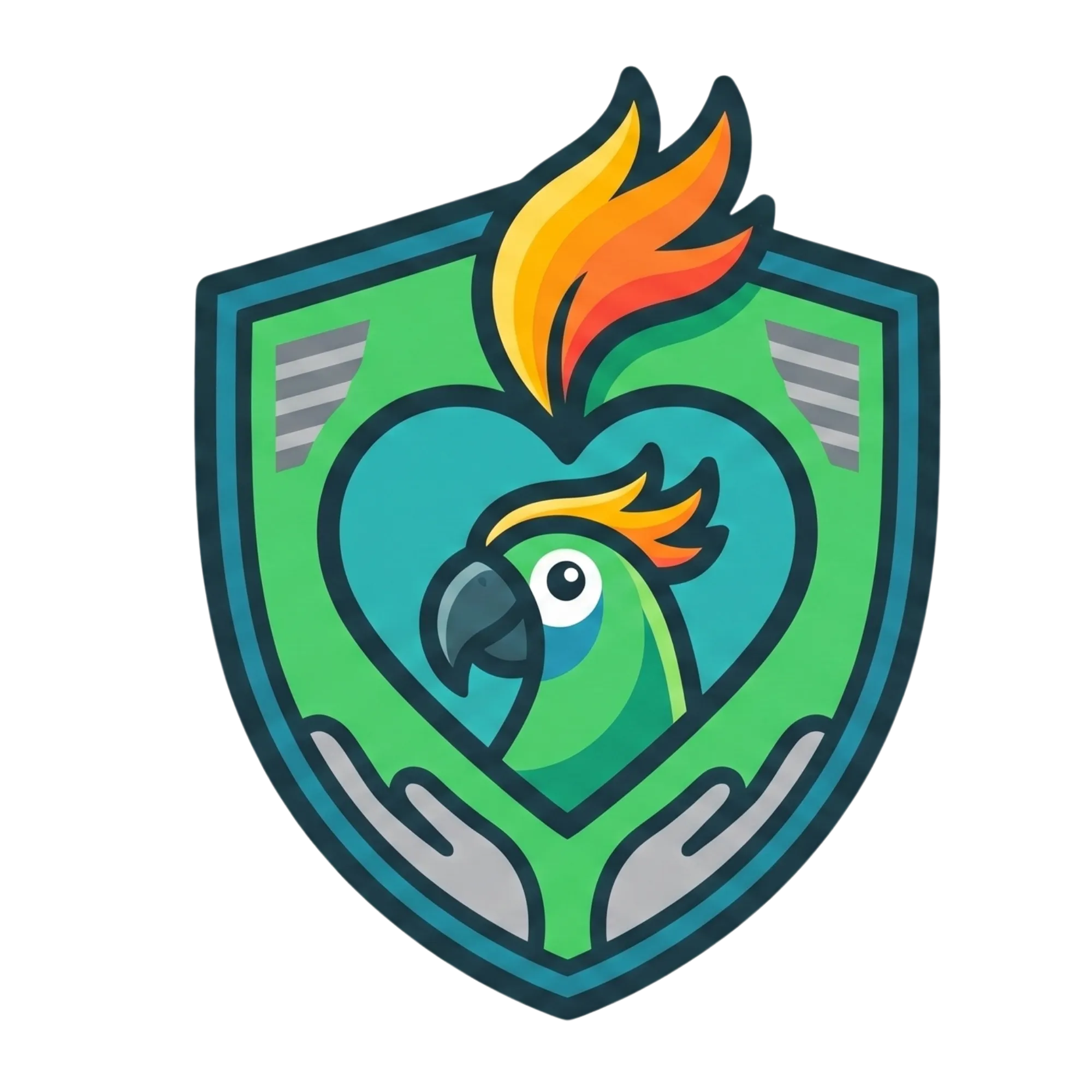 An illustrated shield containing a heart-shaped outline that frames a parrot mascot, with supportive hands at the base. This icon represents the 'Guardian' values of Squawk Global and the welfare-centered advocacy led by the founding team.