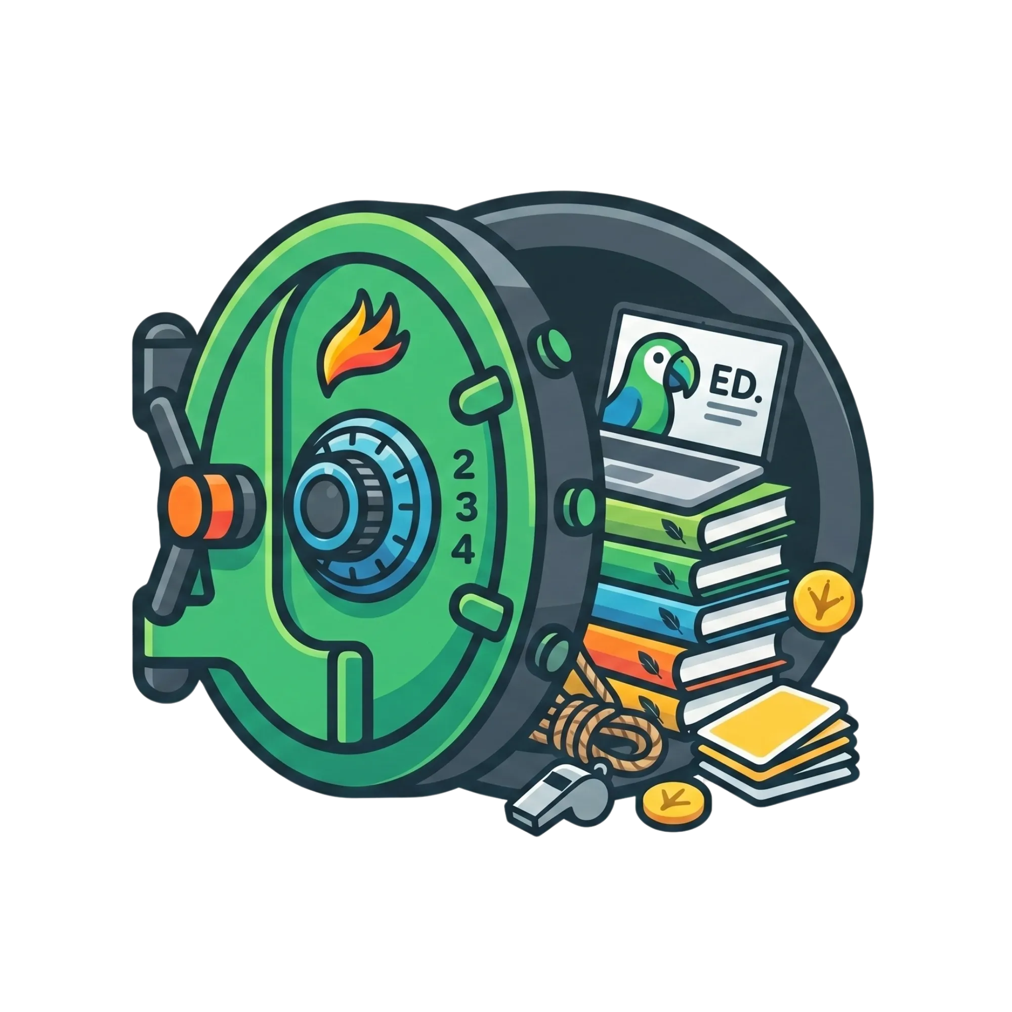 An illustrated green vault door standing open to reveal a laptop, a stack of colorful books, and parrot-themed data coins. This icon represents Squawk Global’s commitment to providing a secure vault of vetted education and research.