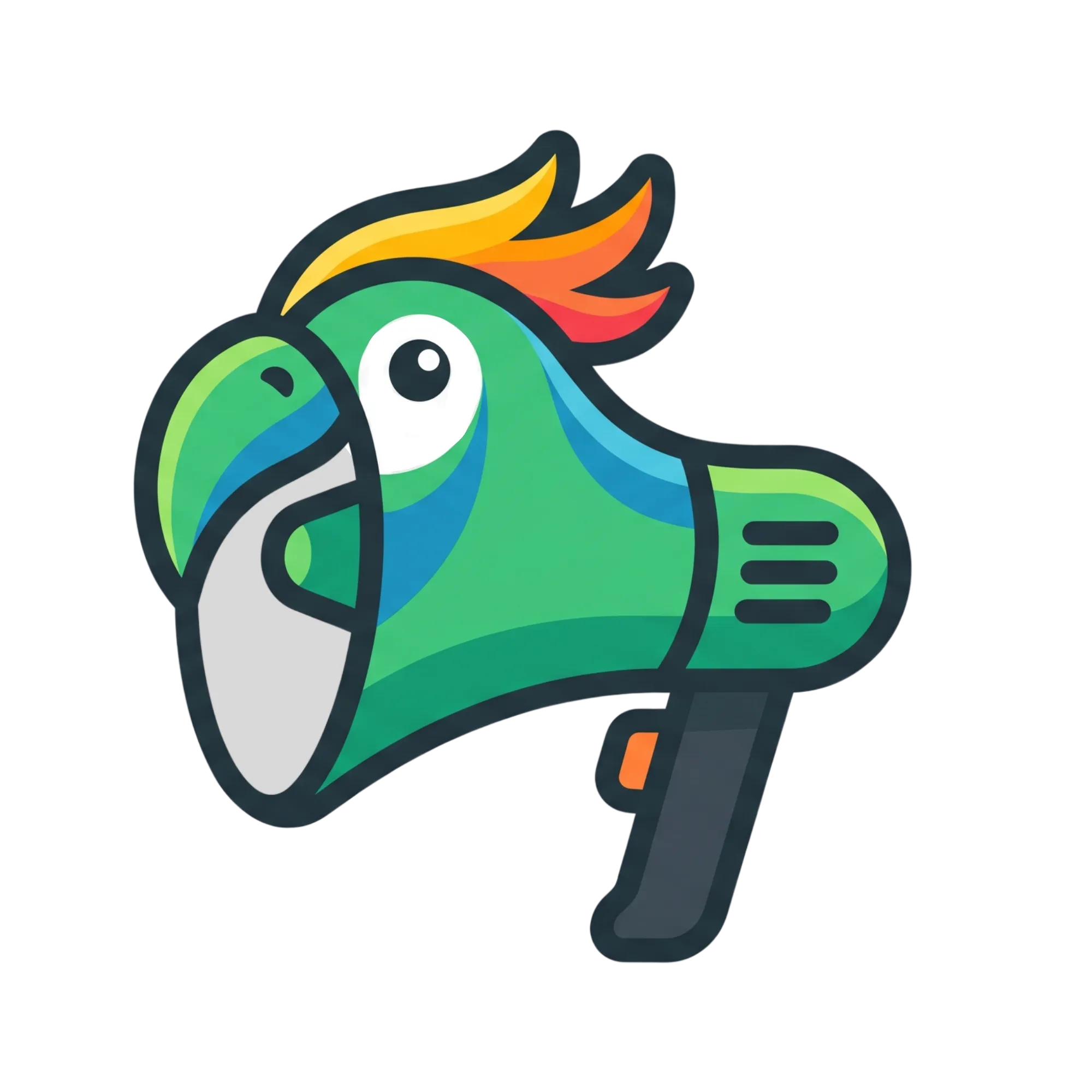 a stylized green parrot designed in the shape of a megaphone, representing the mission of Squawk Global to amplify parrot advocacy and global conservation efforts led by Kyle Kaplanis and Emily Vincent.